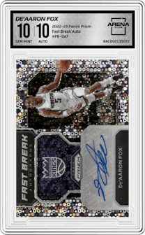 De'Aaron Fox from the 2022-23 Panini Prizm  set graded by Arena Club and given an overall grade of 10.