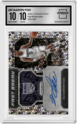 De'Aaron Fox from the 2022-23 Panini Prizm  set graded by Arena Club and given an overall grade of 10.