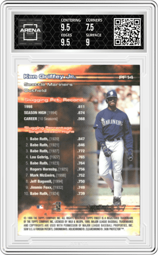 Ken Griffey Jr. from the 1999 Topps Finest set featuring a W/ Coating parallel graded by Arena Club and given an overall grade of 8.