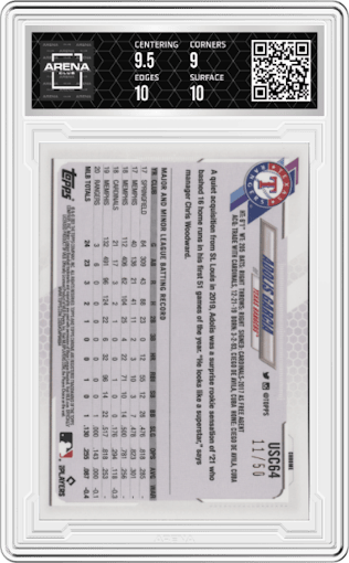 Adolis Garcia from the 2021 Topps Chrome Update   set featuring a Gold Refractor  parallel graded by Arena Club and given an overall grade of 9.5.