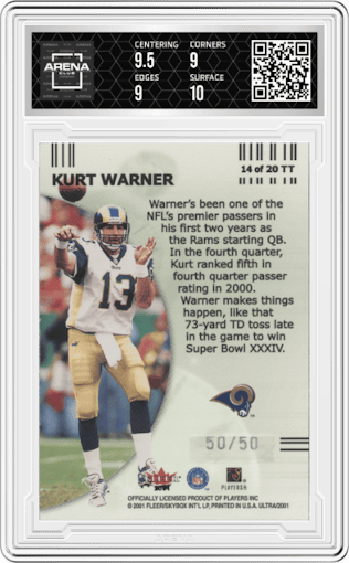 Kurt Warner from the 2001 Fleer Ultra set featuring a Platinum Medallion parallel graded by Arena Club and given an overall grade of 9.5.