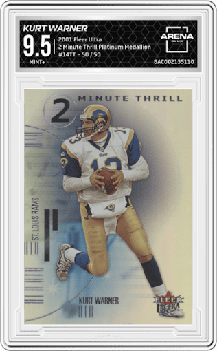 Kurt Warner from the 2001 Fleer Ultra set featuring a Platinum Medallion parallel graded by Arena Club and given an overall grade of 9.5.