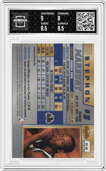 Stephon Marbury from the 1996-97 Bowman’s Best  set featuring a Refractor parallel graded by Arena Club and given an overall grade of 8.5.
