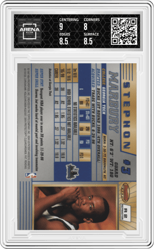 Stephon Marbury from the 1996-97 Bowman’s Best  set featuring a Refractor parallel graded by Arena Club and given an overall grade of 8.5.