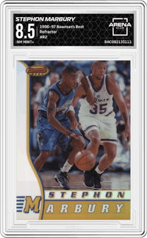 Stephon Marbury from the 1996-97 Bowman’s Best  set featuring a Refractor parallel graded by Arena Club and given an overall grade of 8.5.