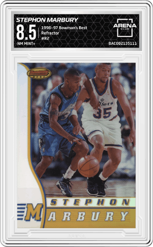 Stephon Marbury from the 1996-97 Bowman’s Best  set featuring a Refractor parallel graded by Arena Club and given an overall grade of 8.5.