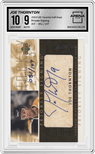 Joe Thornton from the 2003 UD Toronto Fall Expo set graded by Arena Club and given an overall grade of 10.