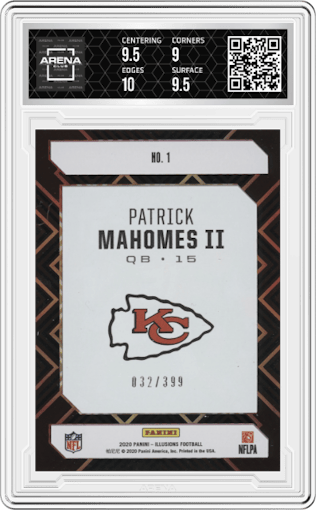 Patrick Mahomes II from the 2020 Panini Illusions set featuring a Pink parallel graded by Arena Club and given an overall grade of 9.5.