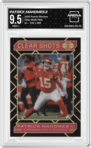Patrick Mahomes II from the 2020 Panini Illusions set featuring a Pink parallel graded by Arena Club and given an overall grade of 9.5.