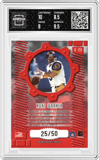 Kurt Warner from the 2000 Donruss Elite set graded by Arena Club and given an overall grade of 8.5.