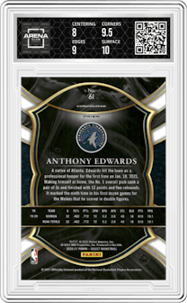 Anthony Edwards from the 2020-21 Panini Select  set featuring a Red/White/Orange Shimmer parallel graded by Arena Club and given an overall grade of 8.5.