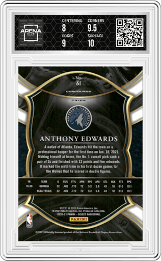 Anthony Edwards from the 2020-21 Panini Select  set featuring a Red/White/Orange Shimmer parallel graded by Arena Club and given an overall grade of 8.5.