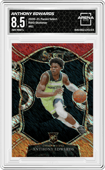 Anthony Edwards from the 2020-21 Panini Select  set featuring a Red/White/Orange Shimmer parallel graded by Arena Club and given an overall grade of 8.5.