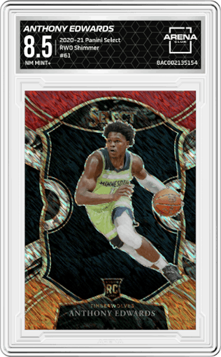 Anthony Edwards from the 2020-21 Panini Select  set featuring a Red/White/Orange Shimmer parallel graded by Arena Club and given an overall grade of 8.5.