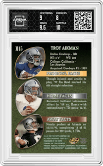 Troy Aikman from the 1997 Topps set featuring a Silver Refractor parallel graded by Arena Club and given an overall grade of 8.5.