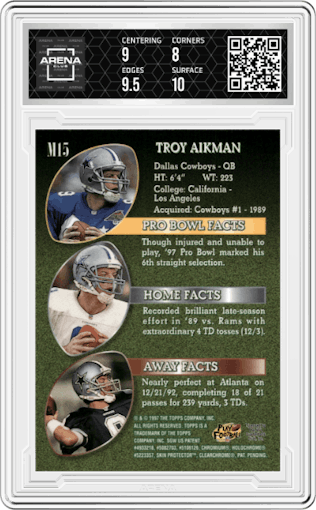 Troy Aikman from the 1997 Topps set featuring a Silver Refractor parallel graded by Arena Club and given an overall grade of 8.5.