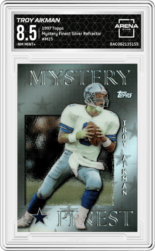 Troy Aikman from the 1997 Topps set featuring a Silver Refractor parallel graded by Arena Club and given an overall grade of 8.5.