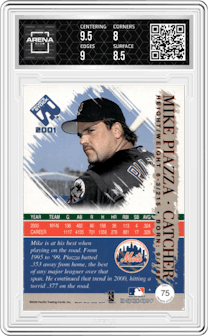 Mike Piazza from the 2001 Pacific Private Stock set featuring a Gold Portraits parallel graded by Arena Club and given an overall grade of 8.5.