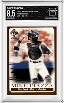 Mike Piazza from the 2001 Pacific Private Stock set featuring a Gold Portraits parallel graded by Arena Club and given an overall grade of 8.5.