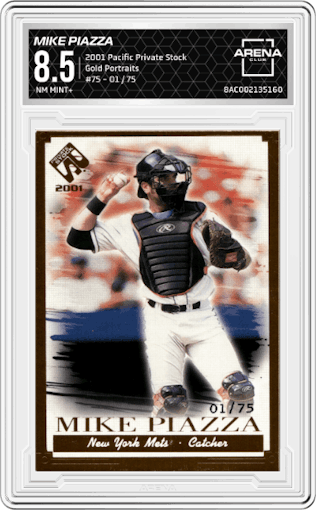 Mike Piazza from the 2001 Pacific Private Stock set featuring a Gold Portraits parallel graded by Arena Club and given an overall grade of 8.5.