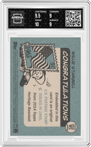 Willie Stargell from the 2014 Topps Heritage set graded by Arena Club and given an overall grade of 9.5.