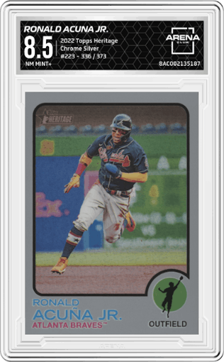 Ronald Acuna Jr. from the 2022 Topps Heritage set featuring a Silver parallel graded by Arena Club and given an overall grade of 8.5.