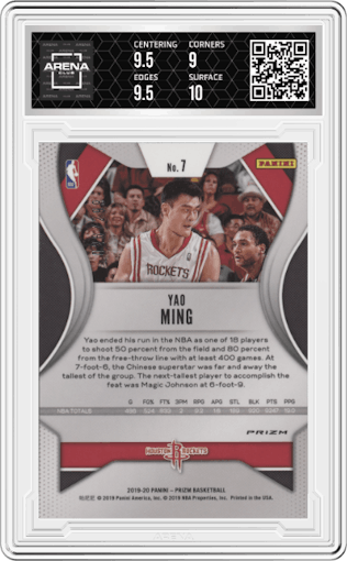 Yao Ming from the 2019-20 Panini Prizm set featuring a Red Prizm parallel graded by Arena Club and given an overall grade of 9.5.
