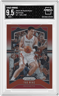 Yao Ming from the 2019-20 Panini Prizm set featuring a Red Prizm parallel graded by Arena Club and given an overall grade of 9.5.
