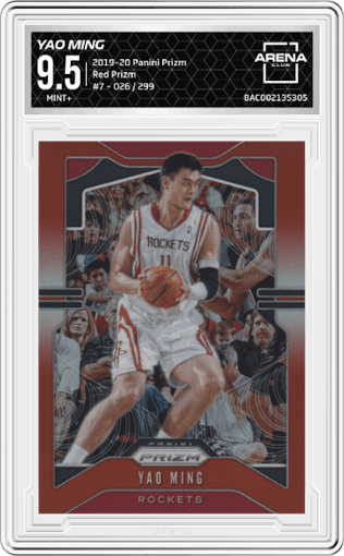 Yao Ming from the 2019-20 Panini Prizm set featuring a Red Prizm parallel graded by Arena Club and given an overall grade of 9.5.
