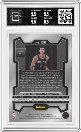 Victor Wembanyama from the 2023-24 Panini Prizm set graded by Arena Club and given an overall grade of 9.