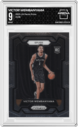 Victor Wembanyama from the 2023-24 Panini Prizm set graded by Arena Club and given an overall grade of 9.