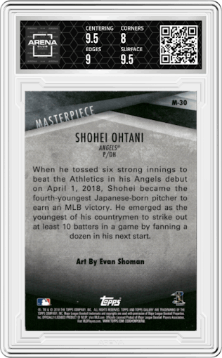 Shohei Ohtani from the 2018 Topps Gallery set graded by Arena Club and given an overall grade of 8.5.