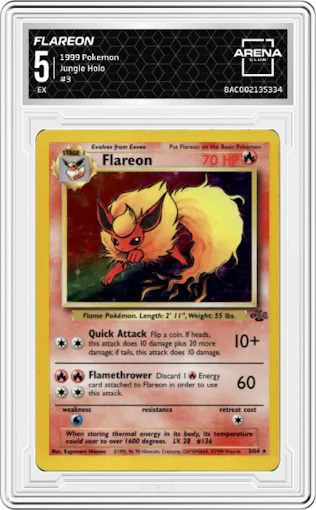 Flareon from the 1999 Pokemon set graded by Arena Club and given an overall grade of 5.