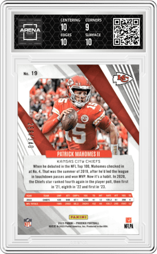 Patrick Mahomes II from the 2023 Panini Phoenix set featuring a Fire Burst parallel graded by Arena Club and given an overall grade of 9.5.