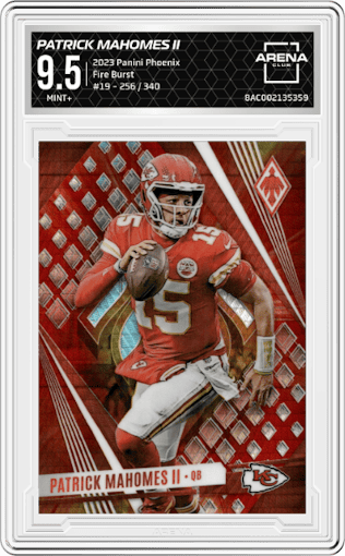 Patrick Mahomes II from the 2023 Panini Phoenix set featuring a Fire Burst parallel graded by Arena Club and given an overall grade of 9.5.