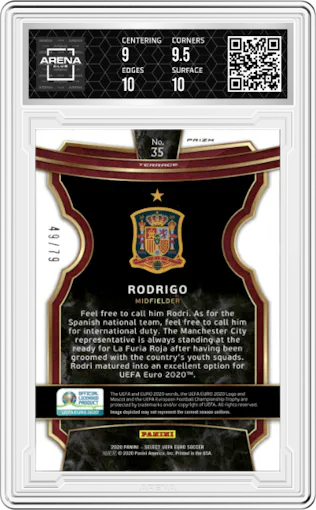 Rodrigo from the 2020 Panini Select UEFA Euro set featuring a Purple Prizm  parallel graded by Arena Club and given an overall grade of 9.5.