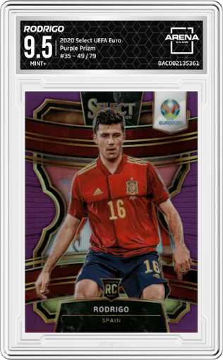 Rodrigo from the 2020 Panini Select UEFA Euro set featuring a Purple Prizm  parallel graded by Arena Club and given an overall grade of 9.5.