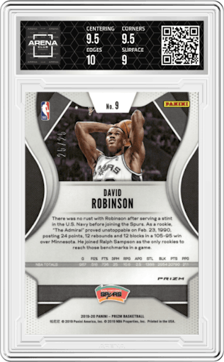 David Robinson from the 2019-20 Panini Prizm set featuring a Mojo parallel graded by Arena Club and given an overall grade of 9.5.