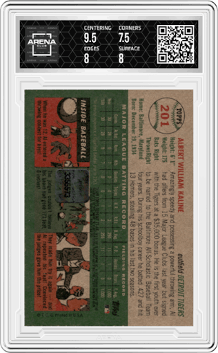 Al Kaline from the 2002 Topps set graded by Arena Club and given an overall grade of 8.