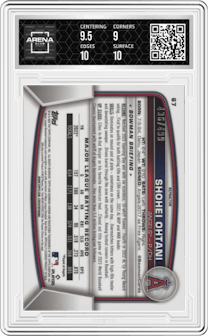 Shohei Ohtani from the 2023 Bowman Chrome set featuring a Refractor parallel graded by Arena Club and given an overall grade of 9.5.