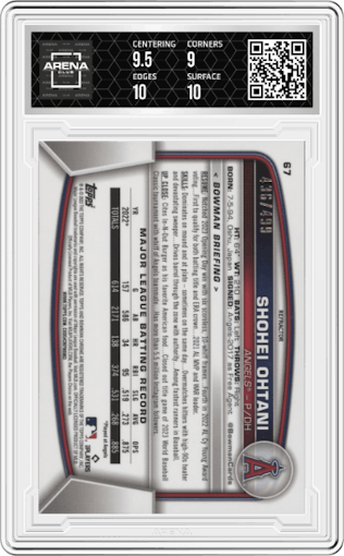 Shohei Ohtani from the 2023 Bowman Chrome set featuring a Refractor parallel graded by Arena Club and given an overall grade of 9.5.