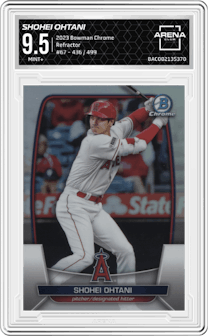 Shohei Ohtani from the 2023 Bowman Chrome set featuring a Refractor parallel graded by Arena Club and given an overall grade of 9.5.