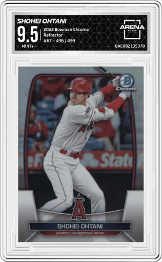Shohei Ohtani from the 2023 Bowman Chrome set featuring a Refractor parallel graded by Arena Club and given an overall grade of 9.5.