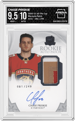 Chase Priskie from the 2020-21 Upper Deck The Cup set graded by Arena Club and given an overall grade of 9.5.