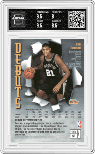 Tim Duncan from the 1997-98 Topps Finest set graded by Arena Club and given an overall grade of 8.5.