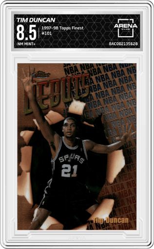 Tim Duncan from the 1997-98 Topps Finest set graded by Arena Club and given an overall grade of 8.5.