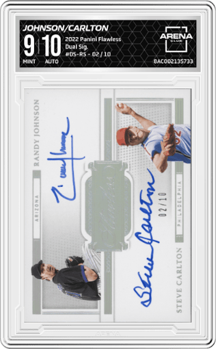 Randy Johnson/Steve Carlton from the 2022 Panini Flawless set graded by Arena Club and given an overall grade of 9.