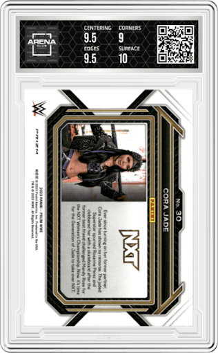 Cora Jade from the 2023 Panini Prizm WWE set featuring a Under Card parallel graded by Arena Club and given an overall grade of 9.5.