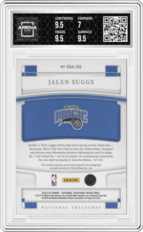 Jalen Suggs from the 2022-23 Panini National Treasures set featuring a Prime parallel graded by Arena Club and given an overall grade of 7.5.