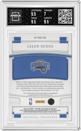 Jalen Suggs from the 2022-23 Panini National Treasures set featuring a Prime parallel graded by Arena Club and given an overall grade of 7.5.